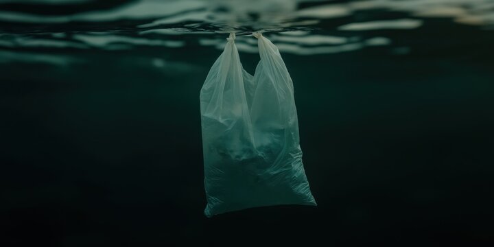 An impactful image of a plastic bag submerged in water symbolizes the ongoing environmental crisis and raises awareness about pollution and ocean conservation efforts.