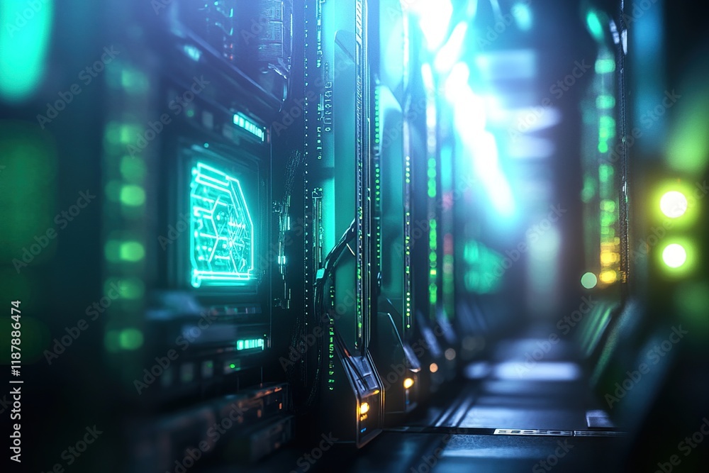 Poster exploring futuristic server racks: data center technology in a neon-lit network, illuminating digita