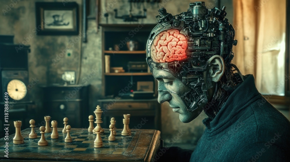Poster a humanoid figure with a mechanical brain contemplates a chess game in a vintage setting.