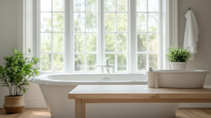 Table top and light bathroom blurred background With spacious windows