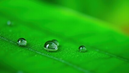 Dewdrops glistening on a vibrant green leaf