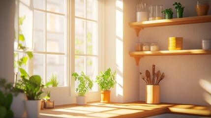 Sunny Kitchen Window with Herbs and Wooden Shelving