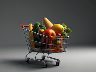 Realistic 3D Shopping Cart in Motion with Groceries Bouncing, Showcasing Intricate Structural Details and Dynamic Movement