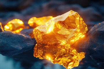 Isolated pure gold ore on reflection background  raw mined piece.
