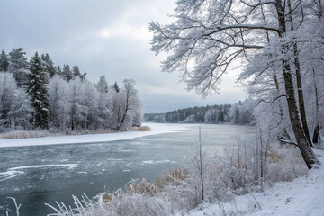 Frozen lake with snow-covered trees