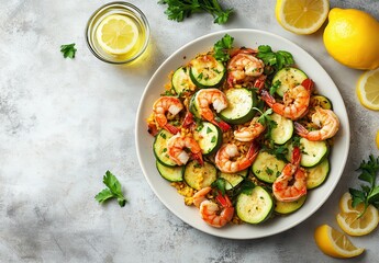 Vibrant Shrimp and Vegetable Dish on Plate with Fresh Lemon Slices, Garnished with Parsley, Perfect for Healthy Eating and Culinary Presentation