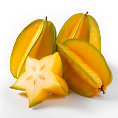 Ripe whole carambola fruit and a half, isolated on white background