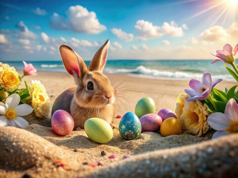 Easter Bunny's beach bash! Pastel eggs, sunny shores, spring fun awaits.