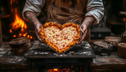 Photo Heart-Shaped Pizza, Culinary Delight, Wood-Fired Oven