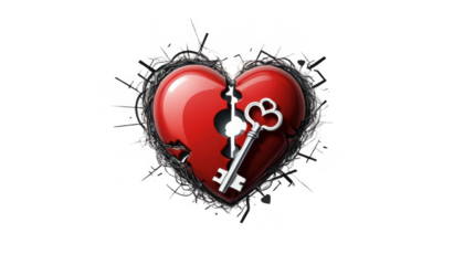 An illustration of a heart with a broken key inside it, symbolizing the inability to unlock love, in a simple and clean design.