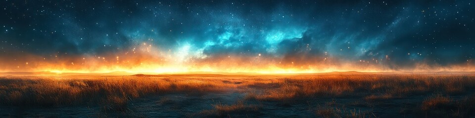 Obraz premium A vast open field bathed in the glow of an aurora-lit sky,