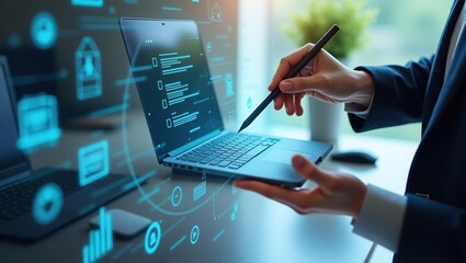 Businessperson using laptop with digital interface overlay