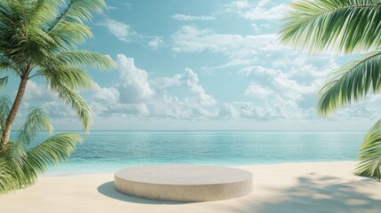 Summer tropical background Podium on sand beach on sea background Mock up for the exhibitions Presentation of products 3d render