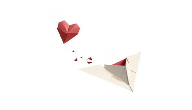 A minimalist design of a broken heart with a paper airplane flying away from it, symbolizing the departure from unrequited love, on a transparent PNG