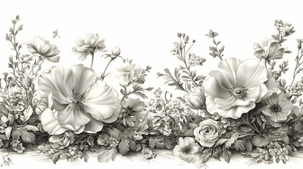 Monochrome floral border design, garden blooms, white background, seamless pattern, home decor