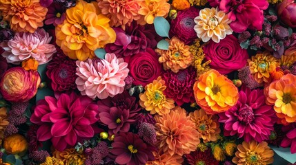 Red pink magenta orange Autumn Colorful fall bouquet Beautiful flower composition with autumn orange and red flowers Flower shop and florist design concept close up floral background