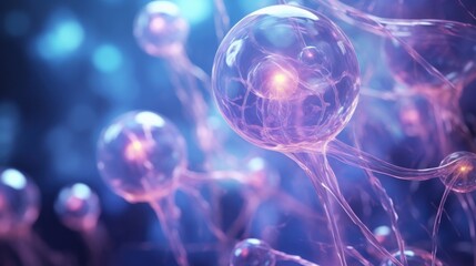 A high-detail 3D illustration of glowing embryonic stem cells, spherical and semi-transparent, with intricate internal structures, suspended in a soft, fluid-like environment illuminated 