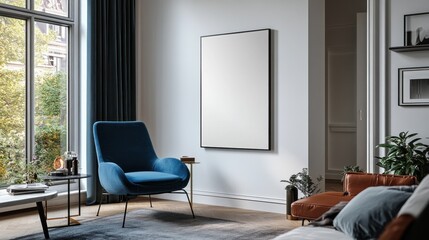 Modern Living Room Interior Design with Blank Canvas Artwork