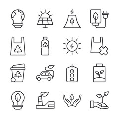 A set of icons for the environment, including a light bulb, a car, a trash can