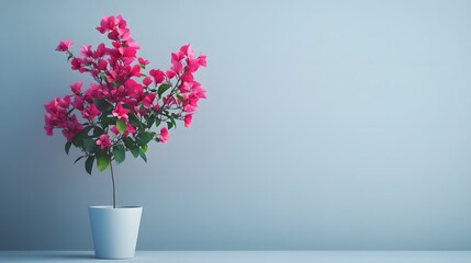 Fototapeta premium Pink bougainvillea plant in a light blue pot against a pale blue wall