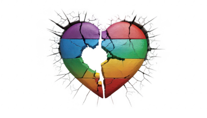 A broken heart with a rainbow emerging from the crack, symbolizing hope and healing after emotional pain, on a transparent PNG 