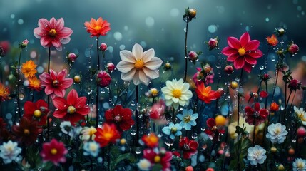 Vibrant rain-kissed flowers in a misty garden wonderland