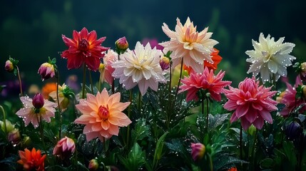 Obraz premium Vibrant dahlia flowers in a dewy garden after rain