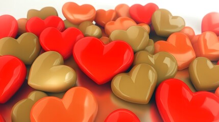 Fototapeta premium Romantic Glowing Red and Gold Heart Shapes Floating on Shiny Abstract Background