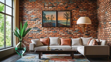 This contemporary living room interior features a fireplace, comfortable sofa, and stylish furniture