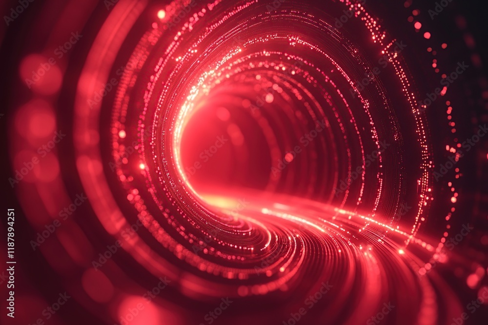 Poster red particles flow through abstract tunnel with light particles dynamically