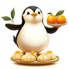 Naklejka premium A cheerful cartoon penguin serving Chinese dumplings and oranges on a plate.