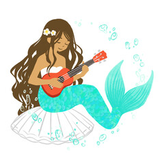 ウクレレを弾く人魚の女性の手描きイラスト
