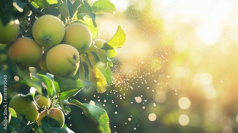 Poster a close-up of green apples on a tree, illuminated by sunlight with a dreamy bokeh effect.