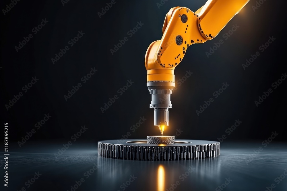 Poster precision robotic arm engaging gear components on factory floor dark environment automation visualiz