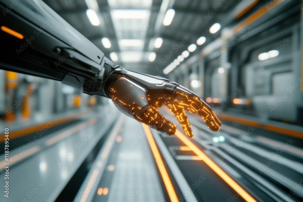 Poster futuristic robotic hand reaches out in high-tech environment digital art showcase cybernetic space d