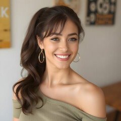 Una linda chica con una cola de caballo larga y marrón