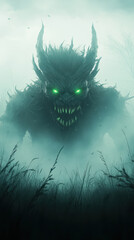 terrifying demon with jagged teeth and glowing green eyes