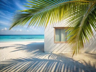 Palm shadows dance on a serene beach bungalow, evoking a tropical paradise escape.