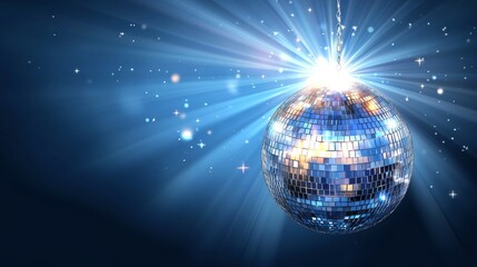 Fototapeta premium Disco ball with mirror surface and bright rays hanging on ceiling night party background