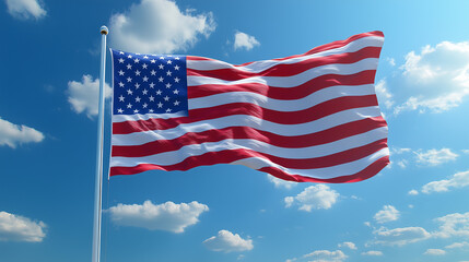 Fototapeta premium The Stars and Stripes flag waving proudly against a bright blue sky, its vibrant red, white, and blue colors illuminated by natural sunlight, with gentle folds creating dynamic motion