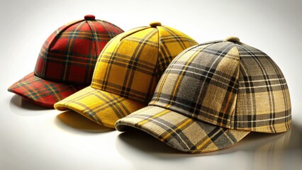 Red, yellow, gray, and tartan cappy hats; low-light detective headwear, isolated.