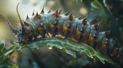 Close-up of a spiky, colorful caterpillar crawling on a green leaf in sunlight.