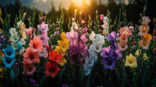 Vibrant gladiolus flowers in bloom at sunrise with dew drops in a lush garden