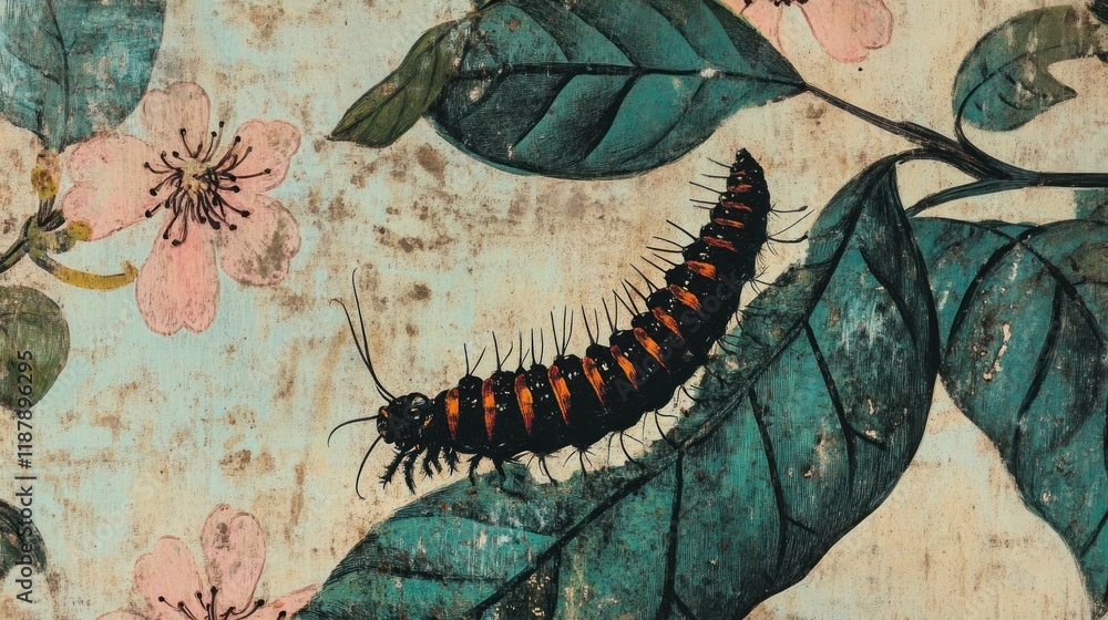 Wall mural A detailed illustration of a caterpillar on vibrant leaves with pink flowers.