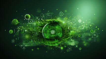 An abstract green science vector illustration featuring icons for biotechnology, microbiology, and plant studies, with interconnected glowing lines