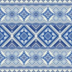 Traditional Blue Geometric Pattern with Diamond Shapes and Intricate Symmetrical Tribal Motif Details