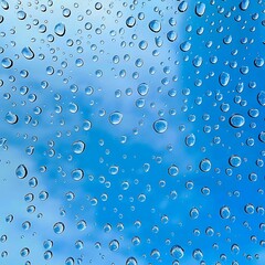 Water drops on glass with blue sky and white clouds as background.