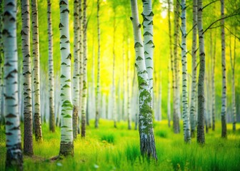 Obraz premium Serene birch forest bathed in soft light, a dreamy, calm green landscape.