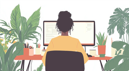 Fototapeta premium Flat vector illustration of an employee sitting at their desk in front of a computer, using simple shapes and bright colors.