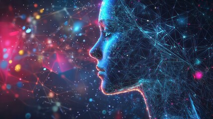 Neon and digital aesthetics capture AI's interaction with cosmic forces.